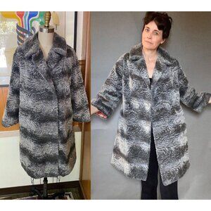 VTG 50's Faux Fur Swing Coat A Line Jacket Sz M S gray stripe 3/4 sleeve